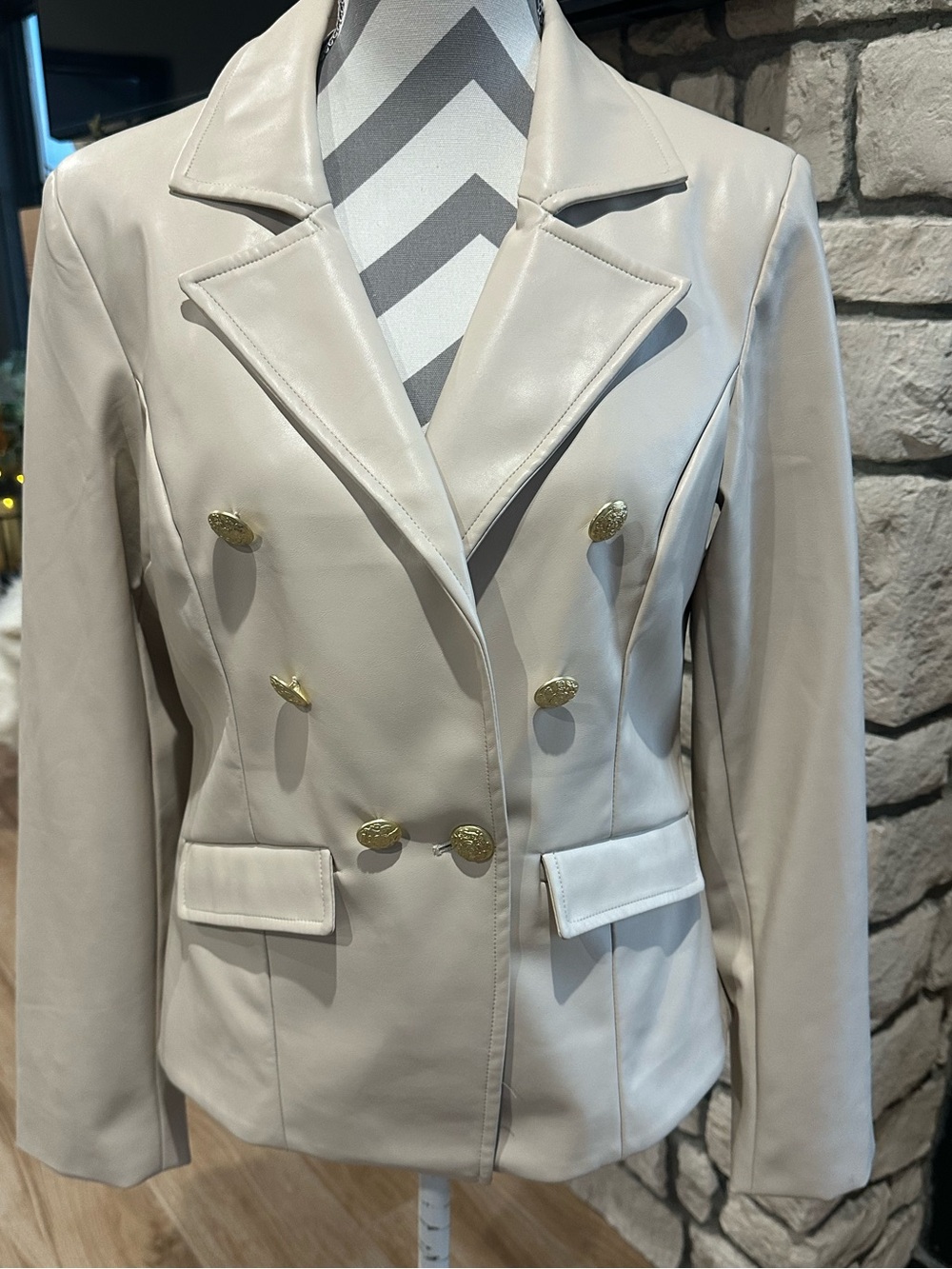 Anthropologie Nico Cream White Faux Leather Double Breasted Blazer Coat Jacket L
